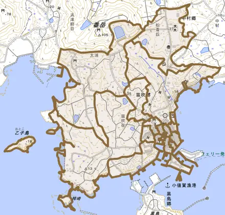 笛吹郷とその周辺の地図。町の範囲を重ねている