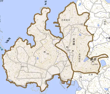 浜津郷とその周辺の地図。町の範囲を重ねている