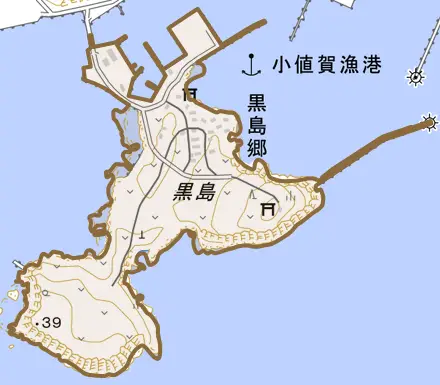 黒島郷とその周辺の地図。町の範囲を重ねている