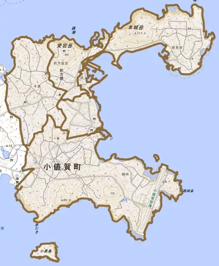 前方郷とその周辺の地図。町の範囲を重ねている