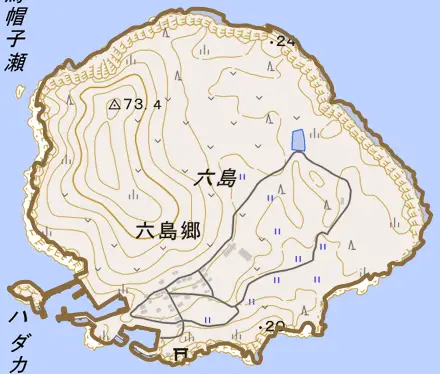 六島郷とその周辺の地図。町の範囲を重ねている