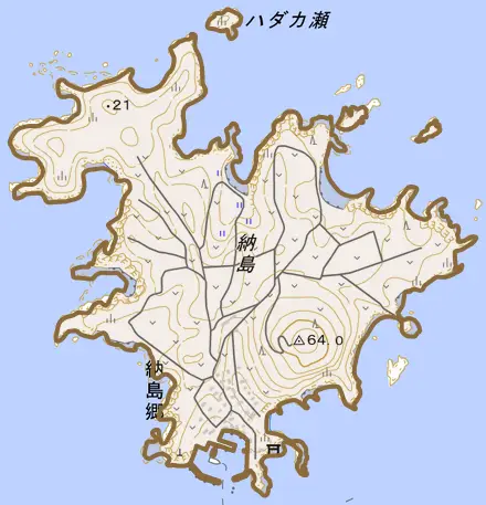 納島郷とその周辺の地図。町の範囲を重ねている