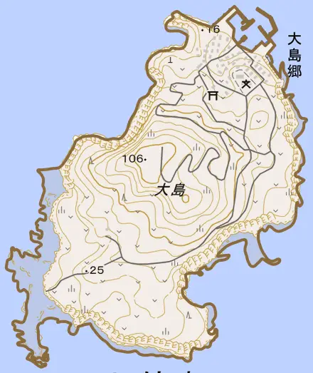 大島郷とその周辺の地図。町の範囲を重ねている