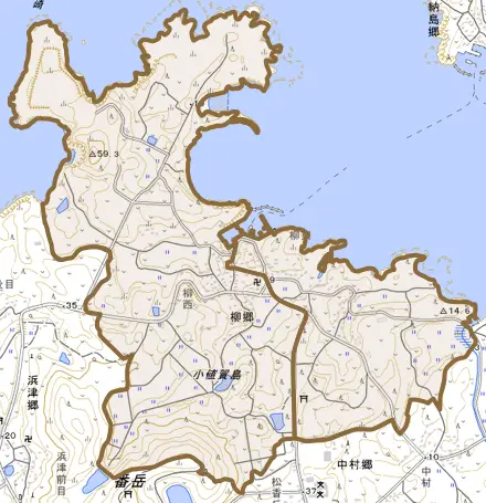 柳郷とその周辺の地図。町の範囲を重ねている