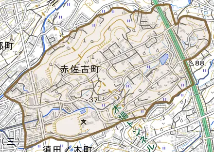 赤佐古町とその周辺の地図。町の範囲を重ねている