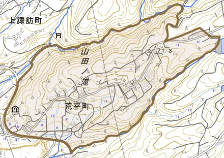 荒平町とその周辺の地図。町の範囲を重ねている