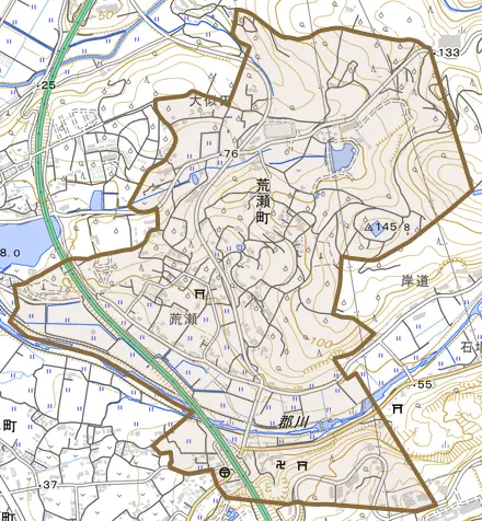 荒瀬町とその周辺の地図。町の範囲を重ねている