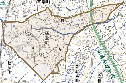 福重町とその周辺の地図。町の範囲を重ねている