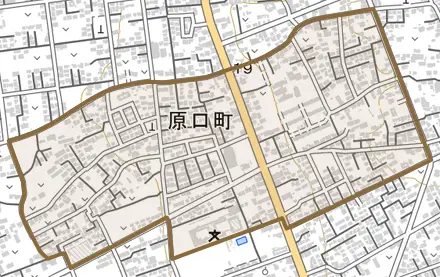 原口町とその周辺の地図。町の範囲を重ねている