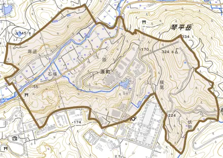 原町とその周辺の地図。町の範囲を重ねている