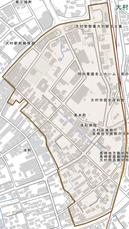 東本町とその周辺の地図。町の範囲を重ねている