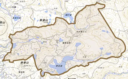 東野岳町とその周辺の地図。町の範囲を重ねている