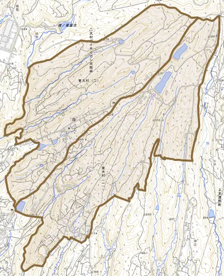 東大村とその周辺の地図。町の範囲を重ねている