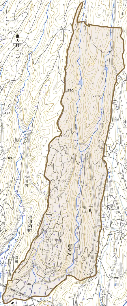 平町とその周辺の地図。町の範囲を重ねている