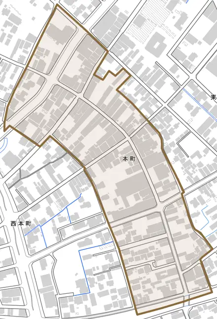 本町とその周辺の地図。町の範囲を重ねている