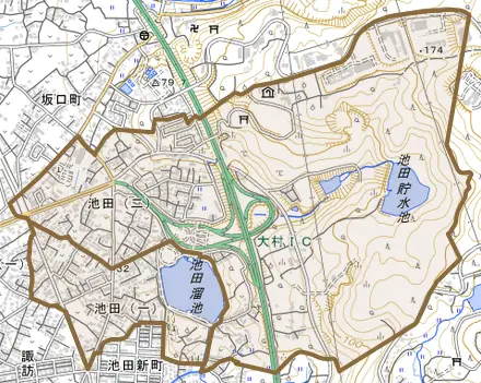 池田とその周辺の地図。町の範囲を重ねている