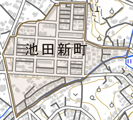 池田新町とその周辺の地図。町の範囲を重ねている