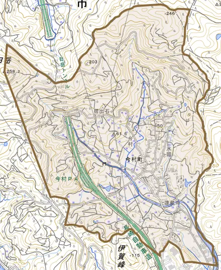 今村町とその周辺の地図。町の範囲を重ねている