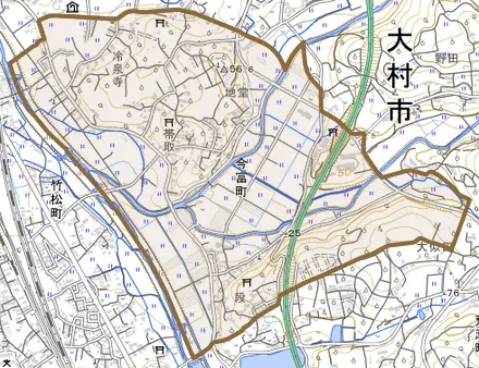 今富町とその周辺の地図。町の範囲を重ねている
