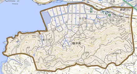 陰平町とその周辺の地図。町の範囲を重ねている