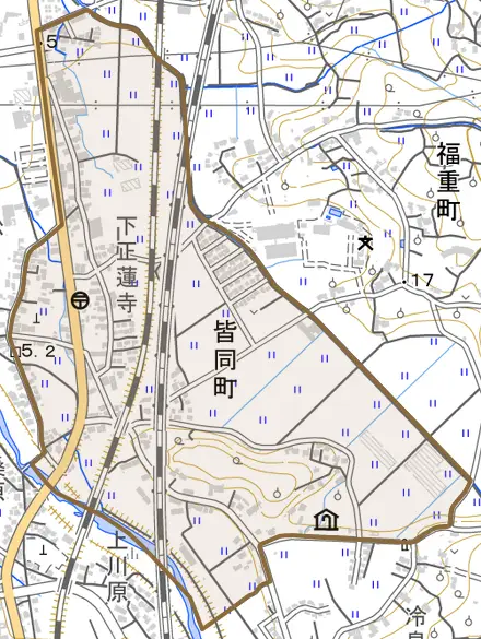 皆同町とその周辺の地図。町の範囲を重ねている