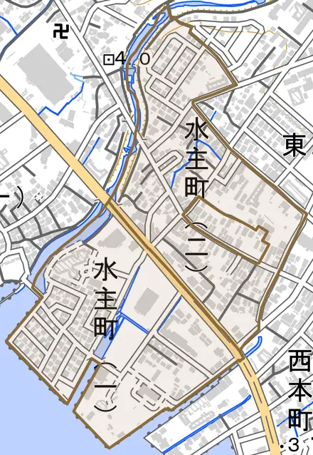 水主町とその周辺の地図。町の範囲を重ねている