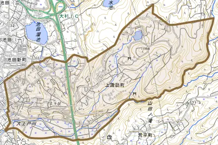 上諏訪町とその周辺の地図。町の範囲を重ねている