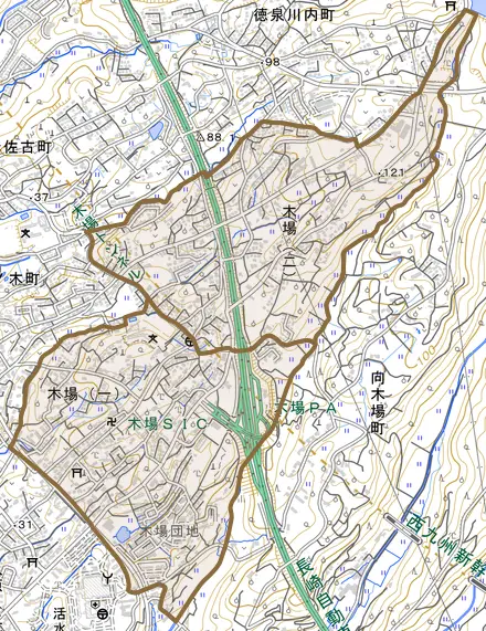 木場とその周辺の地図。町の範囲を重ねている