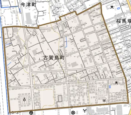 古賀島町とその周辺の地図。町の範囲を重ねている
