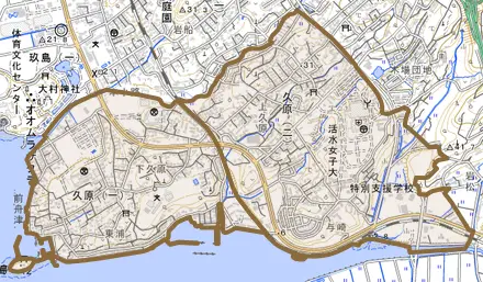 久原とその周辺の地図。町の範囲を重ねている