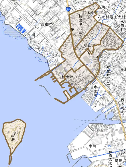 杭出津とその周辺の地図。町の範囲を重ねている