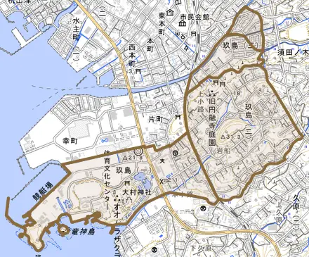 玖島とその周辺の地図。町の範囲を重ねている