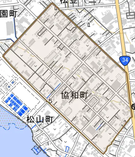 協和町とその周辺の地図。町の範囲を重ねている