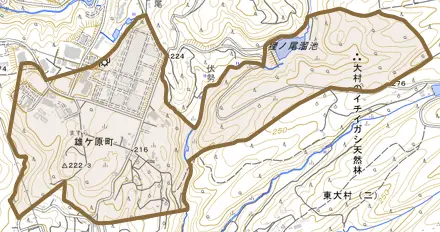 雄ケ原町とその周辺の地図。町の範囲を重ねている