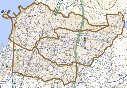 松原とその周辺の地図。町の範囲を重ねている