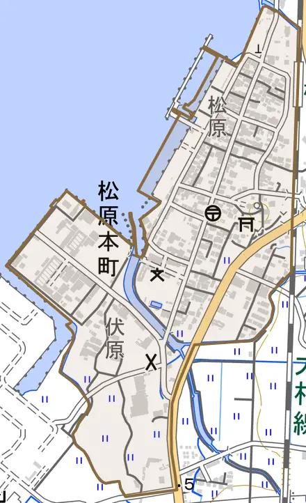 松原本町とその周辺の地図。町の範囲を重ねている