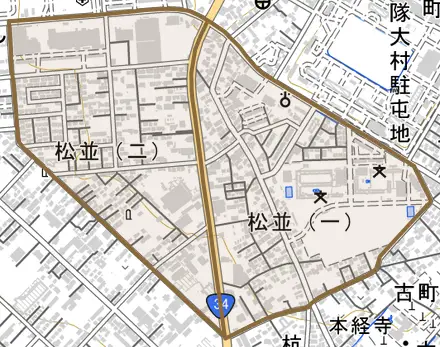 松並とその周辺の地図。町の範囲を重ねている