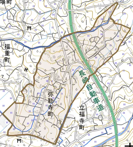 弥勒寺町とその周辺の地図。町の範囲を重ねている