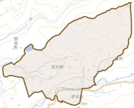 宮代町とその周辺の地図。町の範囲を重ねている