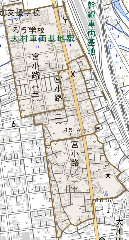 宮小路とその周辺の地図。町の範囲を重ねている