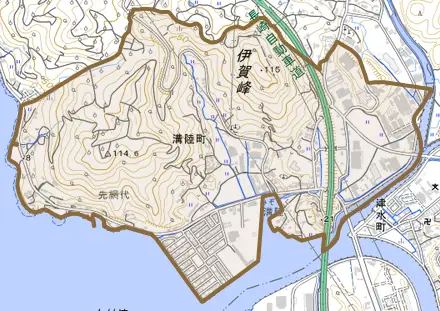 溝陸町とその周辺の地図。町の範囲を重ねている
