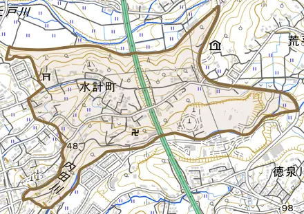 水計町とその周辺の地図。町の範囲を重ねている