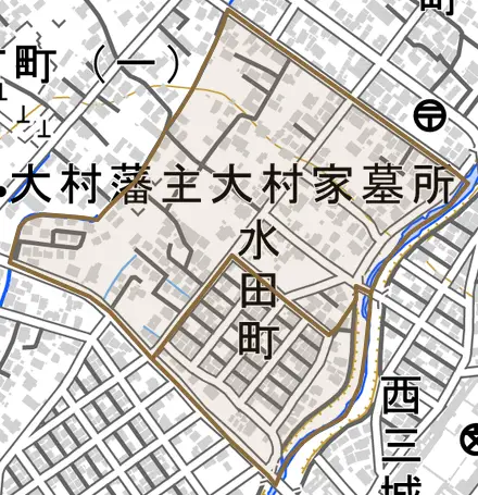 水田町とその周辺の地図。町の範囲を重ねている