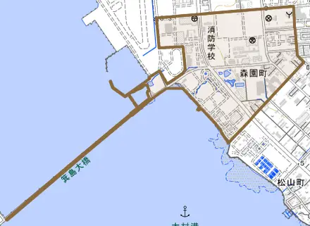 森園町とその周辺の地図。町の範囲を重ねている