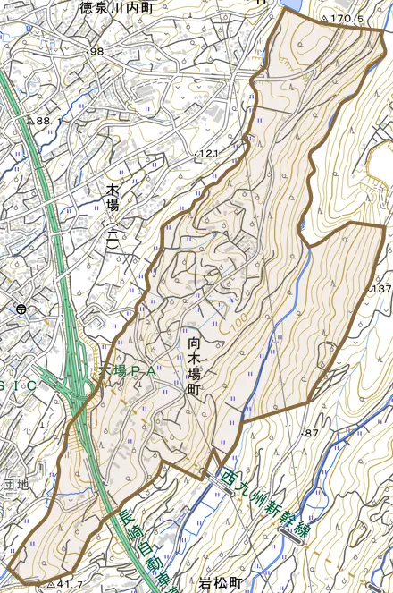 向木場町とその周辺の地図。町の範囲を重ねている