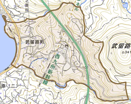 武留路町とその周辺の地図。町の範囲を重ねている