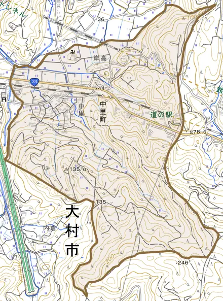 中里町とその周辺の地図。町の範囲を重ねている