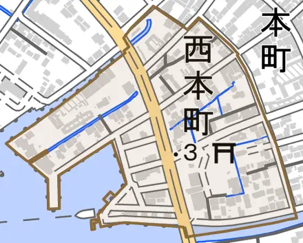 西本町とその周辺の地図。町の範囲を重ねている