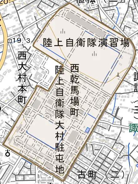 西乾馬場町とその周辺の地図。町の範囲を重ねている
