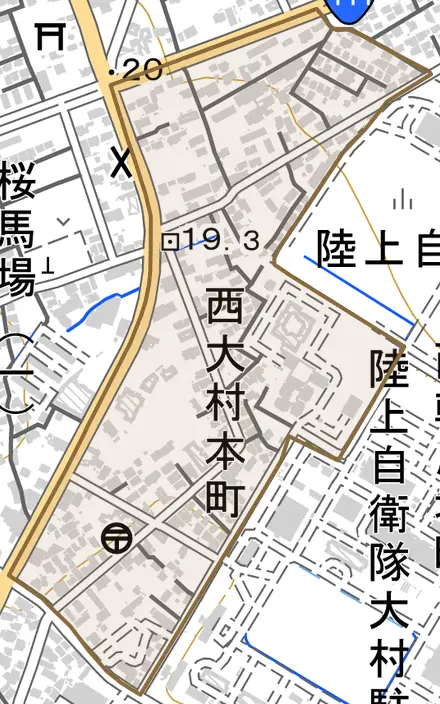 西大村本町とその周辺の地図。町の範囲を重ねている